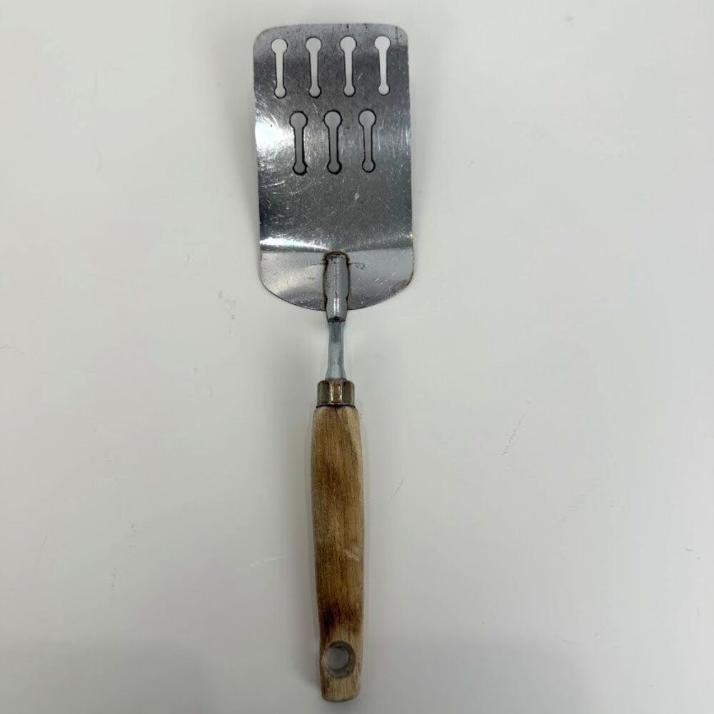 Vintage EKCO Slotted Spatula, Chromium Plated with Wood Handle